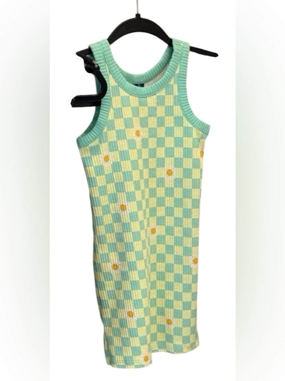 Checkerboard Daisy Knit Girls Tank Dress in Mint and Yellow